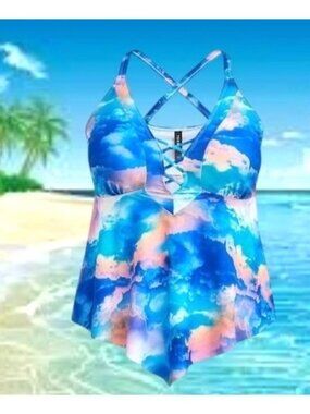 Torrid Multi Sky Lattice Wireless Tankini Top Size 3 3X 22 24 Blue Pink Cruise
